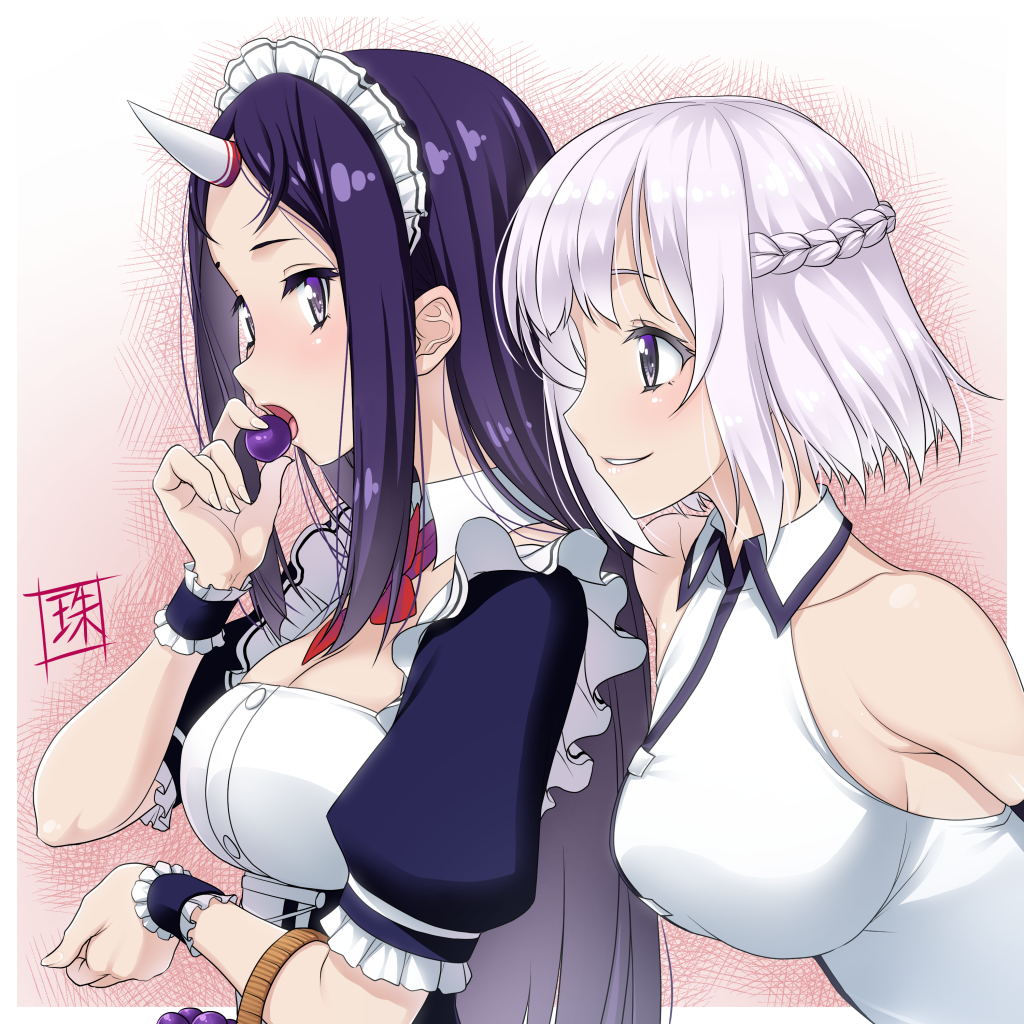 2girls alternate_eye_color ann_(isekai_nonbiri_nouka) apron basket blue_dress braid breasts dress eating food from_side fruit fruit_basket grapes hakuren_(isekai_nonbiri_nouka) holding holding_basket holding_food holding_fruit horns isekai_nonbiri_nouka large_breasts lips looking_at_another maid maid_headdress multiple_girls neck_ribbon open_mouth purple_eyes purple_hair red_ribbon ribbon sasakitamaru scrunchie signature single_horn sleeveless_turtleneck_dress smile upper_body white_apron white_dress white_headdress wrist_scrunchie