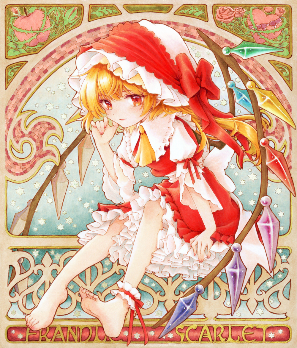 1girl alternate_headwear ankle_garter apple ascot barefoot blonde_hair bow character_name collared_shirt commentary_request crystal crystal_wings flandre_scarlet flower food frilled_shirt_collar frills fruit hat hat_bow headwear_request heart long_hair looking_at_viewer marker_(medium) multicolored_wings one_side_up open_mouth red_bow red_eyes red_flower red_rose red_skirt red_vest rose s.mamiya shirt skirt skirt_set smile solo toes touhou traditional_media vest white_hat white_shirt wings yellow_ascot