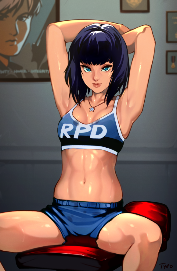 1girl abs armpits arms_behind_head arms_up artist_name blue_eyes blue_shorts blue_sports_bra bob_cut breasts capcom character_request closed_mouth collarbone copyright_request cosplay female_focus indoors jewelry leon_s._kennedy lips looking_at_viewer medium_breasts navel necklace optionaltypo picture_frame purple_hair real_life rebecca_chambers rebecca_chambers_(cosplay) resident_evil shiny_skin short_hair shorts sitting solo sports_bra spread_legs star_(symbol) star_necklace stomach sue_lightning suzi_(the_sphere_hunter) sweat thighs toned youtube