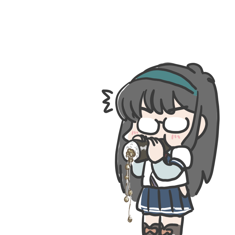 1girl ^^^ black_hair blue_skirt commentary_request feet_out_of_frame ferret-san food glasses green_eyes kantai_collection layered_sleeves long_hair long_sleeves makizushi nattou negative_space ooyodo_(kancolle) opaque_glasses pleated_skirt school_uniform serafuku short_over_long_sleeves short_sleeves simple_background skirt solo spill standing sushi white_background