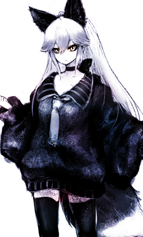 1girl animal_ears black_cardigan black_thighhighs cardigan choker extra_ears fox_ears fox_girl fox_tail grey_eyes grey_hair ise_(0425) kemono_friends long_hair looking_at_viewer necktie silver_fox_(kemono_friends) simple_background solo tail thighhighs