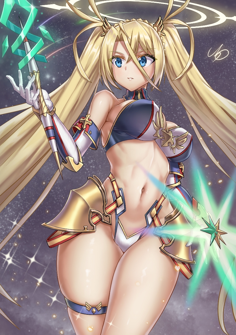 1girl bare_shoulders blonde_hair blue_eyes bradamante_(fate) bradamante_(third_ascension)_(fate) braid breasts elbow_gloves fate/grand_order fate_(series) ge_(zmq67911029) gloves hair_between_eyes large_breasts long_hair midriff navel solo star_(symbol) thighs toned twintails very_long_hair weapon