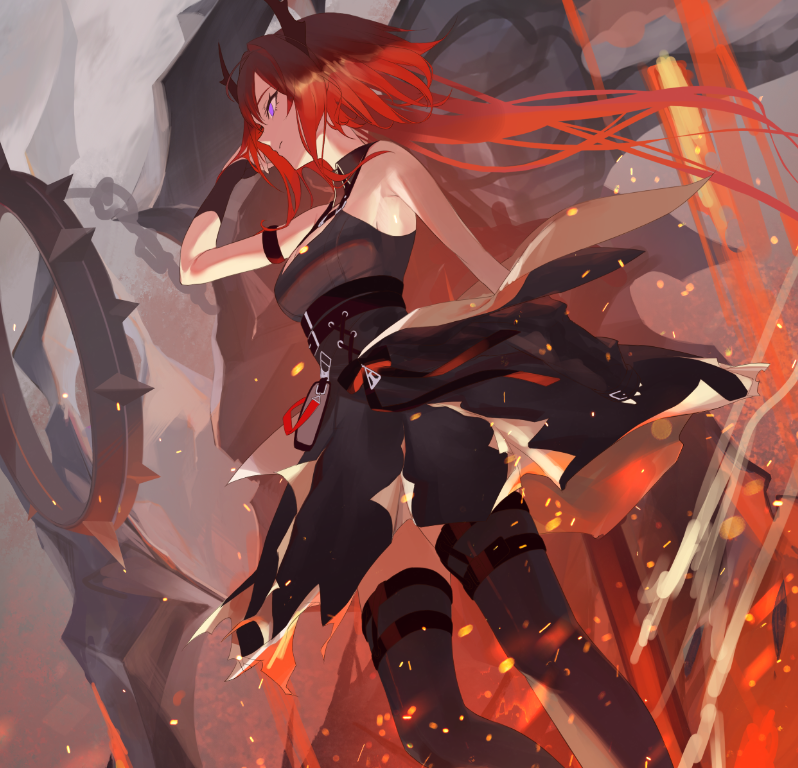 1girl arknights arm_strap bare_shoulders black_dress black_gloves black_thighhighs dress embers feet_out_of_frame gloves horns long_hair off_shoulder purple_eyes red_hair sleeveless sleeveless_dress solo standing surtr_(arknights) thighhighs tmt very_long_hair