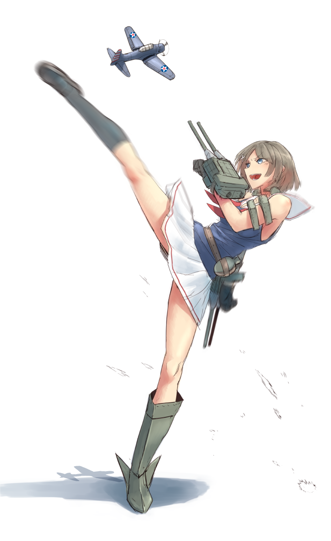 10s 1girl aircraft airplane blue_eyes boots brown_hair didloaded female_focus full_body gloves hair_ornament hairclip high_kick kantai_collection kicking machinery maya_(kancolle) open_mouth sbd_dauntless ship_turret short_hair solo