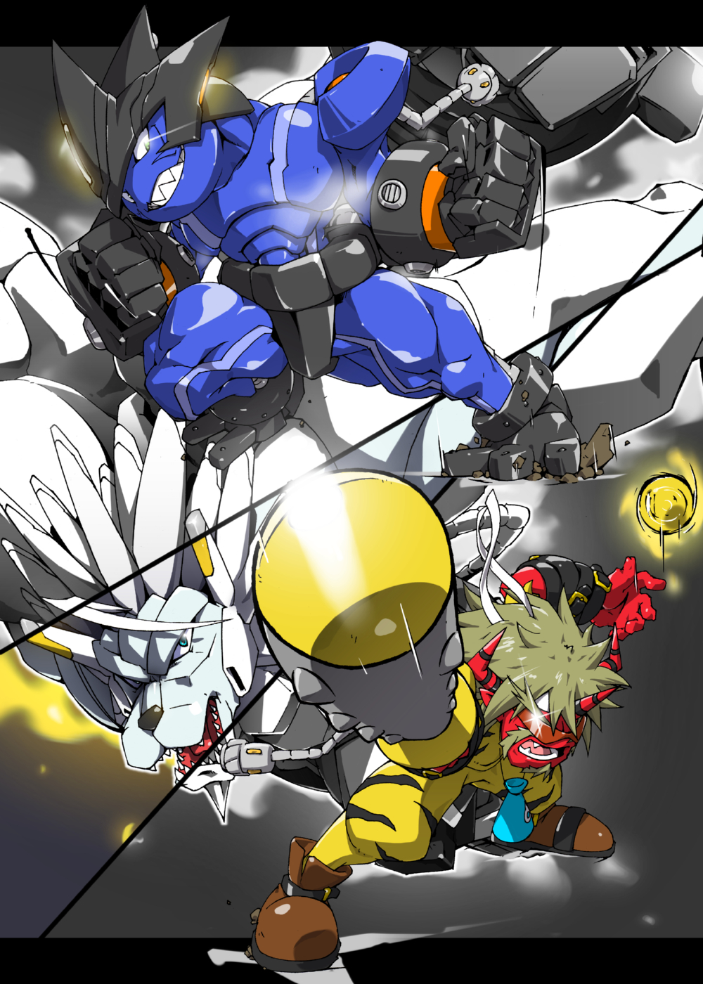 appmon coachmon digimon digimon_universe:_appli_monsters dosukomon highres horns oni oujamon sharp_teeth sunglasses teeth