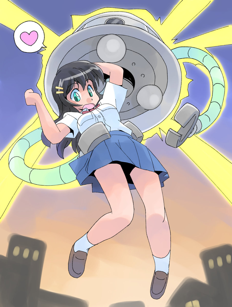 1girl abduction arms_up aura black_hair blue_skirt bow bowtie breast_pocket brown_shoes city collared_shirt commentary commission flying_saucer from_below green_eyes hair_ornament hairclip heart highres loafers long_hair masuki mechanical_tentacles open_mouth original outdoors pleated_skirt pocket red_bow red_bowtie sakamae_choujuurou shirt shoes short_sleeves skeb_commission skirt sky socks solo spacecraft spoken_heart ufo white_shirt white_socks