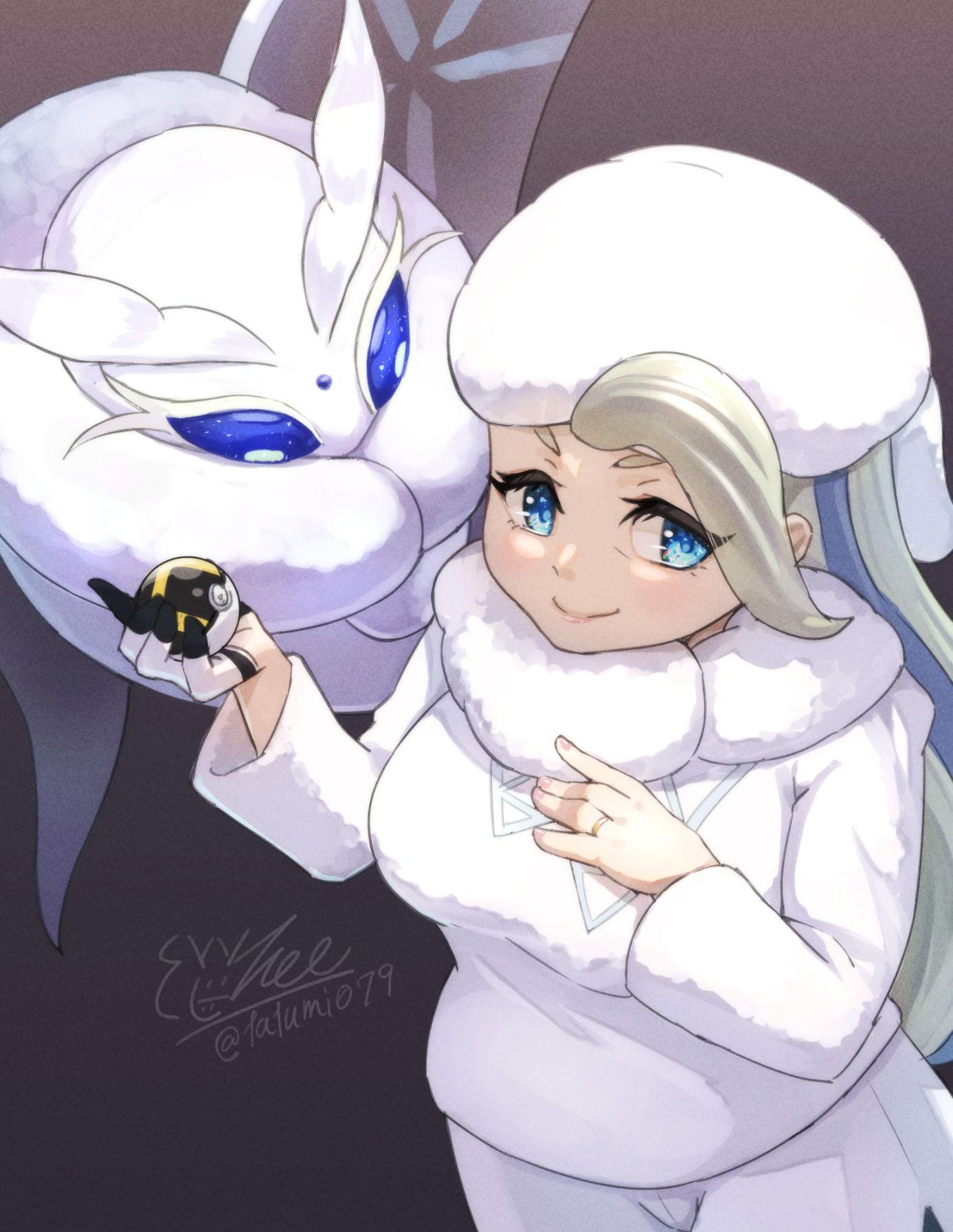 1girl antennae blue_eyes breasts bug collar earrings feathers fluffy frosmoth fur_collar gen_8_pokemon gloves hat highres holding holding_poke_ball insect jewelry large_breasts long_hair long_sleeves mature_female melony_(pokemon) moth multicolored_hair nintendo pearl_earrings plump poke_ball pokemon pokemon_(creature) pokemon_swsh ring shorts side_slit side_slit_shorts single_glove smile streaked_hair sweater tatsumi_(panneko) ultra_ball ushanka wedding_ring white_collar white_feathers white_hat white_sweater