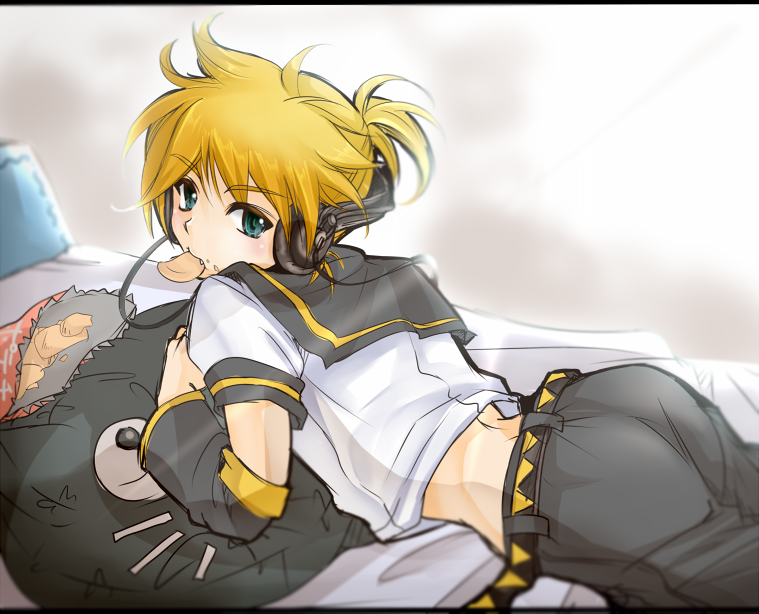 1boy asuka_f bed belt bishounen black_sailor_collar black_shorts blonde_hair blue_eyes chips_(food) detached_sleeves eating fang food from_behind headphones kagamine_len looking_at_viewer lying male_focus on_stomach ponytail sailor_collar sailor_shirt shirt short_ponytail shorts solo solo_focus vocaloid