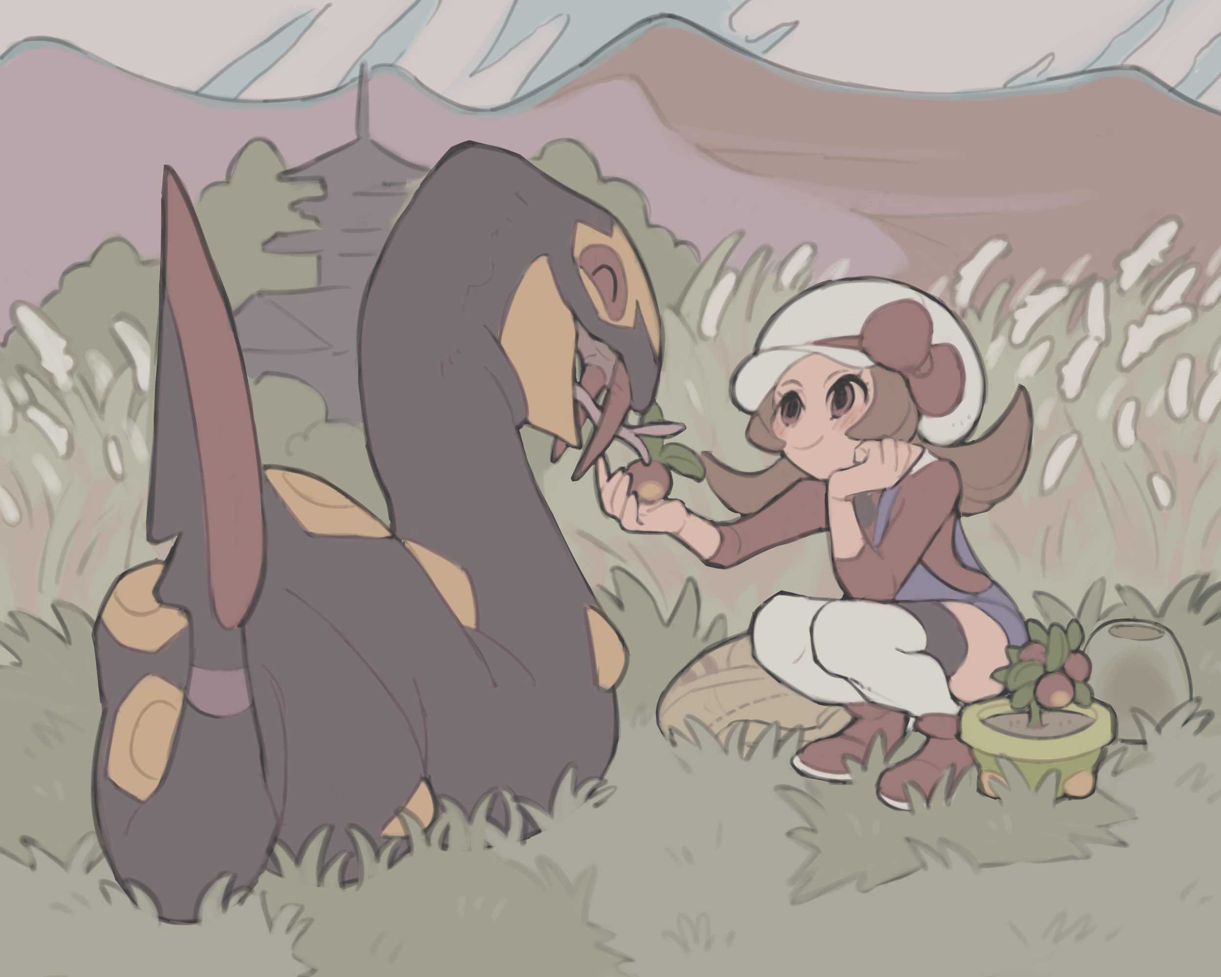1girl architecture blue_overalls brown_eyes brown_hair building commentary_request east_asian_architecture feeding food fruit game_freak gen_3_pokemon grass hat head_rest highres holding holding_food holding_fruit kinni lyra_(pokemon) mountain nintendo overalls plant pokemon pokemon_(creature) pokemon_hgss potted_plant red_shoes seviper shoes snake squatting thighhighs white_hat white_thighhighs