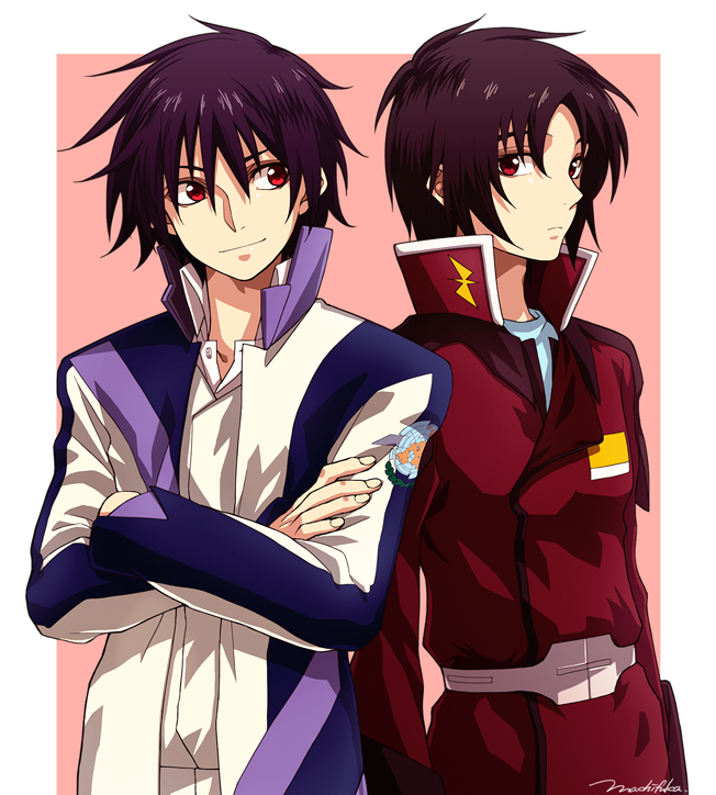 2boys belt black_hair cosplay costume_switch crossed_arms crossover frown gundam gundam_seed gundam_seed_destiny jacket long_sleeves looking_at_another machi_fuka makabe_kazuki male_focus military military_uniform multiple_boys pink_background red_eyes shinn_asuka short_hair signature smile soukyuu_no_fafner