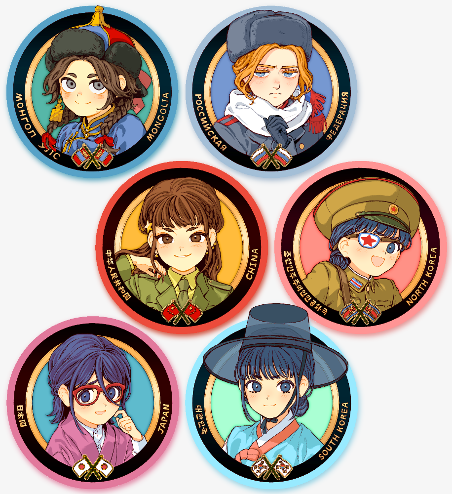 6+girls blue_eyes blue_hair braid brown_eyes brown_hair china_(nanimonothing) chinese_text colored_eyelashes deel eyepatch fur_hat gat_(hat) glasses hair_bun hair_ornament hanbok hat japan_(nanimonothing) korean_clothes korean_text long_hair looking_at_viewer military_hat military_uniform mongolia mongolia_(nanimonothing) mongolian_clothes mongolian_flag multiple_girls nanimonothing north_korea north_korea_(nanimonothing) north_korean_flag orange_hair original personification portrait purple_eyes purple_hair russia russia_(nanimonothing) russian_flag russian_text scarf smile south_korea_(nanimonothing) soyombo soyombo_earrings star_(symbol) star_hair_ornament toortsog twin_braids ushanka
