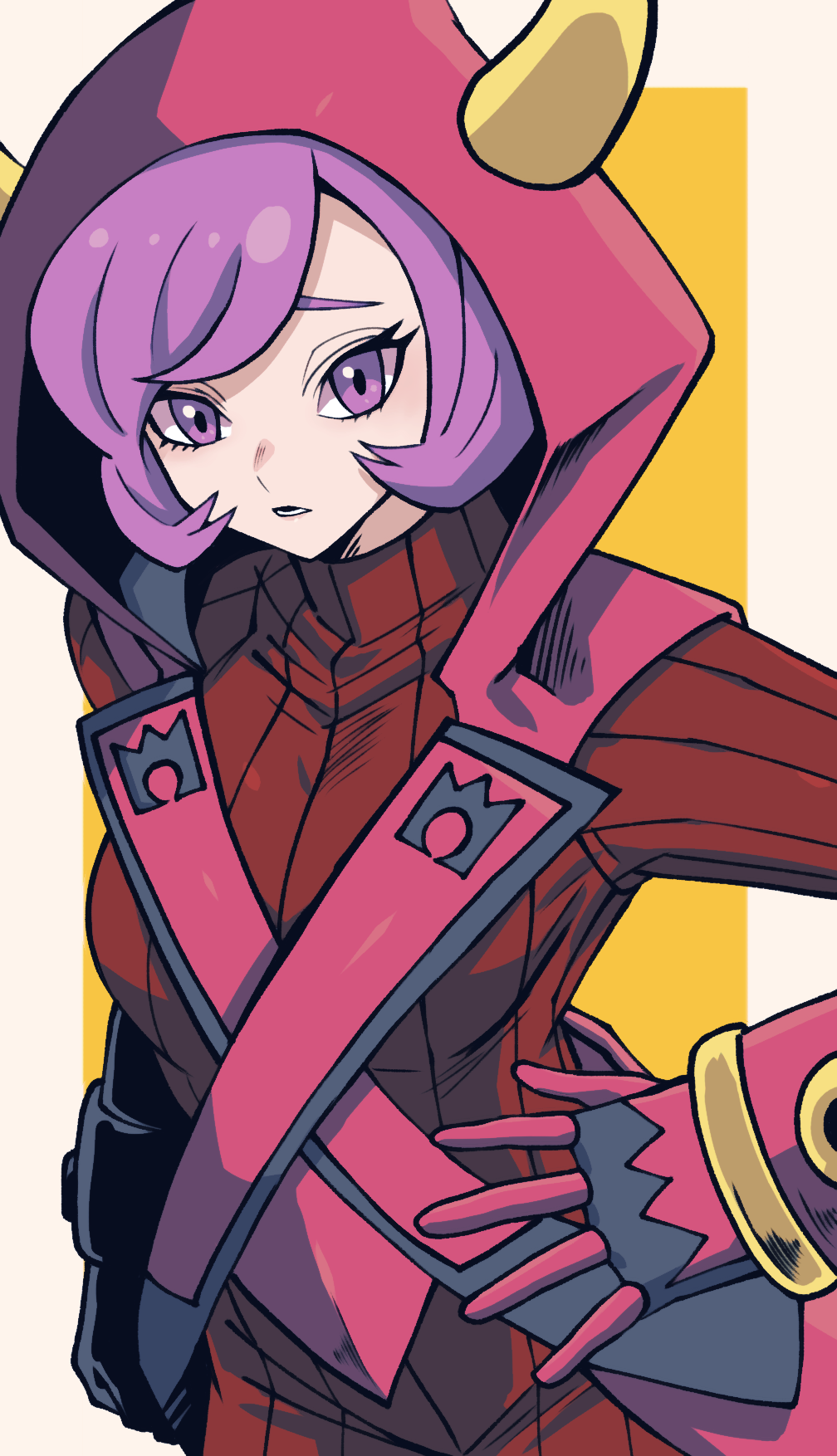 1girl batchgooya border breasts commentary_request courtney_(pokemon) cowlick dress eyelashes fake_horns gloves hand_on_own_hip highres hood hood_up hooded_vest hoodie horns logo lower_teeth_only medium_breasts nintendo open_mouth pink_vest pokemon pokemon_oras purple_eyes purple_hair raised_eyebrows short_hair solo sweater sweater_dress team_magma teeth vest white_border yellow_background