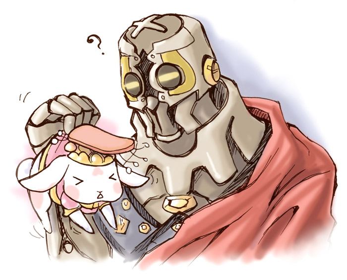 ? animal rabbit cape fuju holding holding_animal k_(kyokugen_dasshutsu) ky_(nimbusky) kyokugen_dasshutsu kyokugen_dasshutsu_adv:_zennin_shibou_desu mechanical_arms red_cape single_mechanical_arm zero_iii