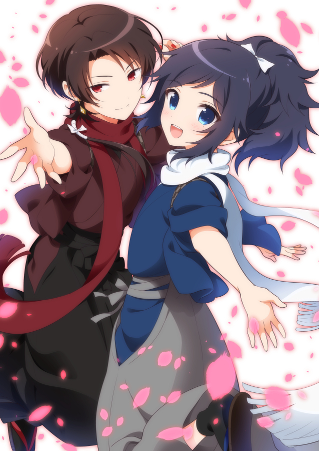 10s 2boys :d black_hair blue_eyes brown_hair earrings hakama hakama_skirt japanese_clothes jewelry kamishiro_piyo kashuu_kiyomitsu male_focus mole mole_under_eye mole_under_mouth multiple_boys nail_polish open_mouth petals ponytail red_eyes red_nails sandals scarf skirt smile tabi touken_ranbu yamato-no-kami_yasusada