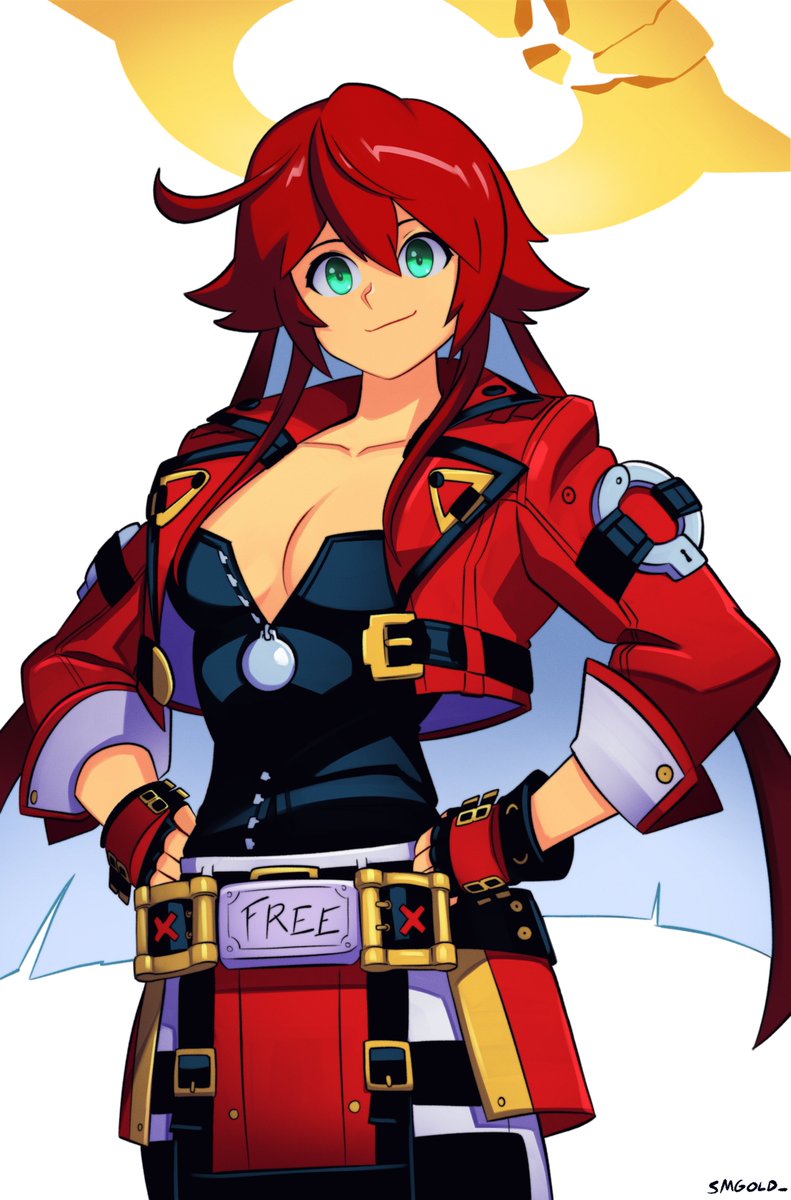 1girl artist_name belt belt_buckle black_gloves breasts buckle cleavage collarbone colored_inner_hair cosplay fingerless_gloves gloves green_eyes guilty_gear guilty_gear_strive hair_between_eyes halo hands_on_own_hips highres jack-o&#039;_valentine jacket large_breasts long_hair multicolored_hair multiple_belts pants red_hair red_jacket smgold smile sol_badguy sol_badguy_(cosplay) solo spiked_halo very_long_hair white_hair white_pants