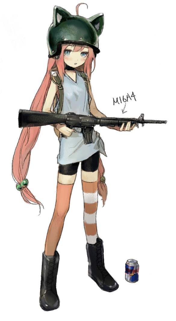 1girl ahoge animal_ear_headwear animal_ears assault_rifle asymmetrical_legwear bike_shorts black_boots black_shorts blue_eyes blue_shirt blush boots can combat_helmet energy_drink fake_animal_ears full_body gun hair_bobbles hair_ornament helmet hinata_channel holding holding_gun holding_weapon long_hair looking_at_viewer m16 m16a4 mismatched_legwear nekomiya_hinata parted_lips pink_hair pink_thighhighs playerunknown&#039;s_battlegrounds red_bull rifle sakauchi_waka shirt shorts sidelocks simple_background sleeveless sleeveless_shirt solo standing striped_clothes striped_thighhighs teeth thighhighs twintails vertical-striped_clothes vertical-striped_thighhighs very_long_hair virtual_youtuber weapon weapon_name white_background white_thighhighs