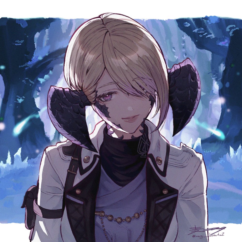 1girl arm_strap au_ra backlighting belt belt_buckle black_belt black_scales black_shirt blonde_hair blue_grass border breasts buckle buttons closed_mouth collared_jacket commentary_request dragon_girl dragon_horns final_fantasy final_fantasy_xiv forest hair_over_one_eye horns jacket lapels layered_clothes looking_at_viewer mugi_kosuta nature open_clothes open_jacket outdoors pink_eyes pouch purple_shirt scales shirt short_hair shoulder_belt shoulder_boards signature single_sidelock small_breasts smile solo tree turtleneck twitter_username upper_body warrior_of_light_(ff14) white_border white_jacket