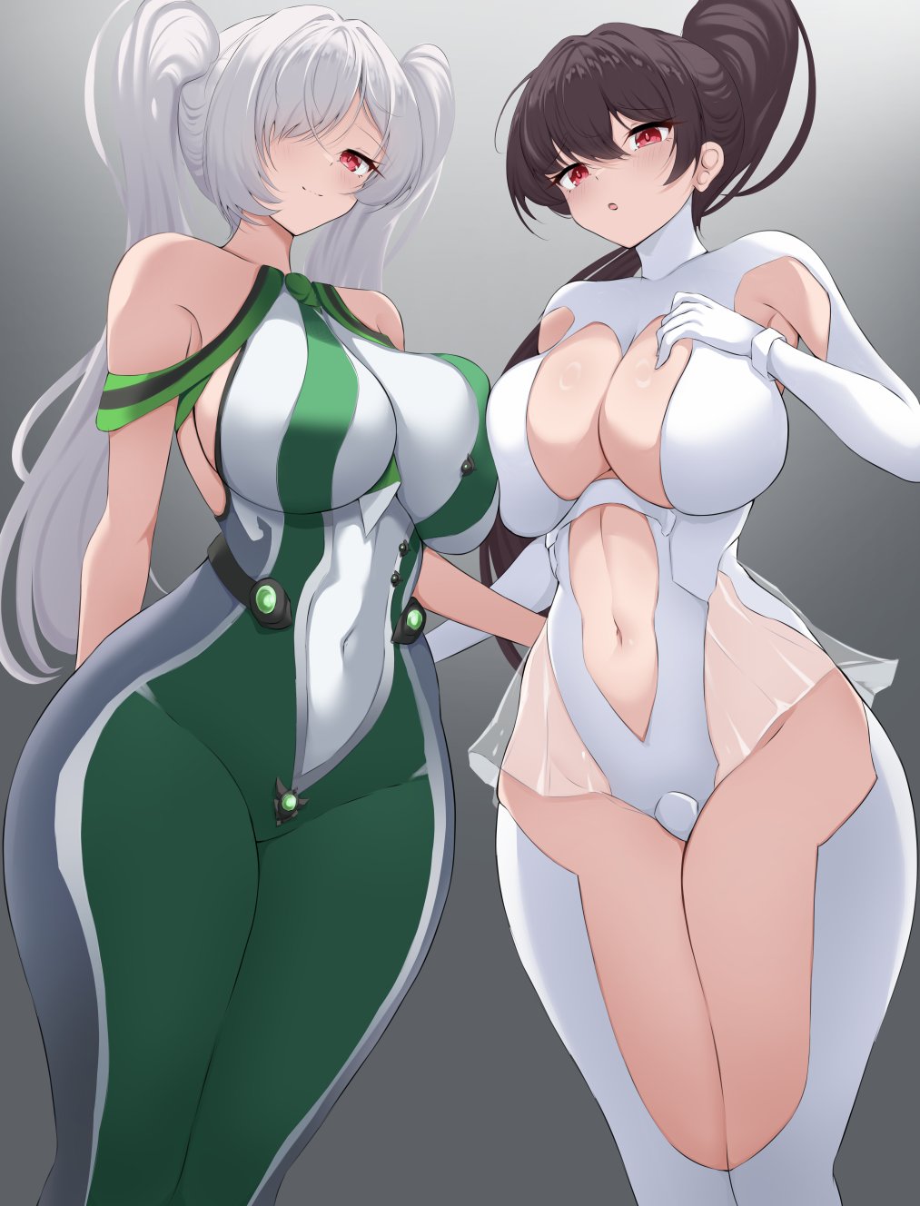 2girls alternate_eye_color android bare_shoulders bodysuit breasts brown_hair cinderella_(nikke) cinderella_(nikke)_(cosplay) commission cosplay eve_(stellar_blade) goddess_of_victory:_nikke grey_background hand_on_another&#039;s_hip highres impossible_bodysuit impossible_clothes large_breasts long_hair looking_at_viewer multiple_girls open_mouth planet_diving_suit_(7th)_(stellar_blade) ponytail red_eyes simple_background stellar_blade thick_thighs thighs white_hair zeropen