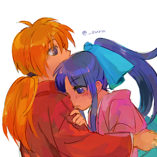 1boy 1girl blue_hair blue_ribbon blush closed_mouth commentary_request from_side hair_ribbon high_ponytail himura_kenshin japanese_clothes kamiya_kaoru kimono leaning_on_person long_hair long_sleeves low_ponytail orange_hair ouru109 pink_kimono ponytail red_kimono ribbon rurouni_kenshin sash sidelocks twitter_username upper_body white_background