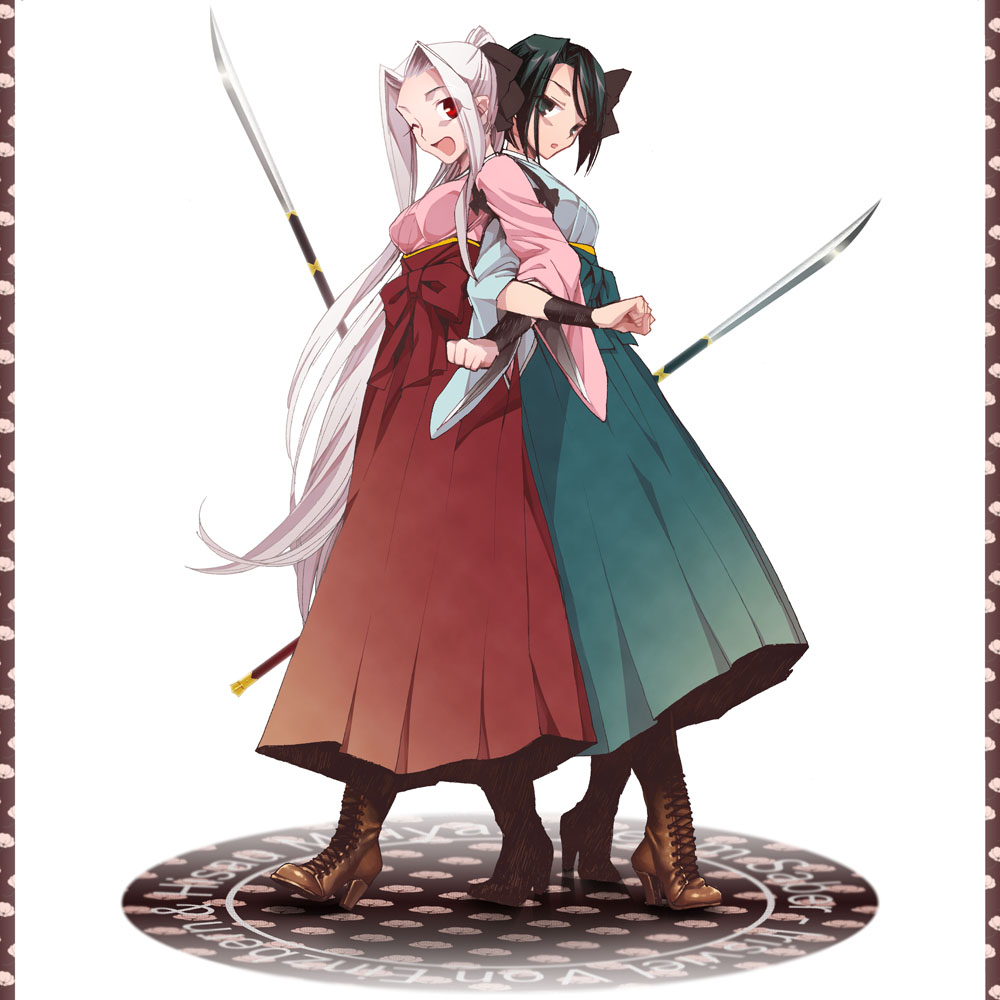 2girls black_eyes black_hair bob_cut boots bow cross-laced_footwear fate/zero fate_(series) hair_bow high_heels hisau_maiya instructor_iri irisviel_von_einzbern japanese_clothes long_hair motsu_(kk_3) multiple_girls naginata official_alternate_costume one_eye_closed polearm ponytail red_eyes shoes short_hair weapon white_hair wink