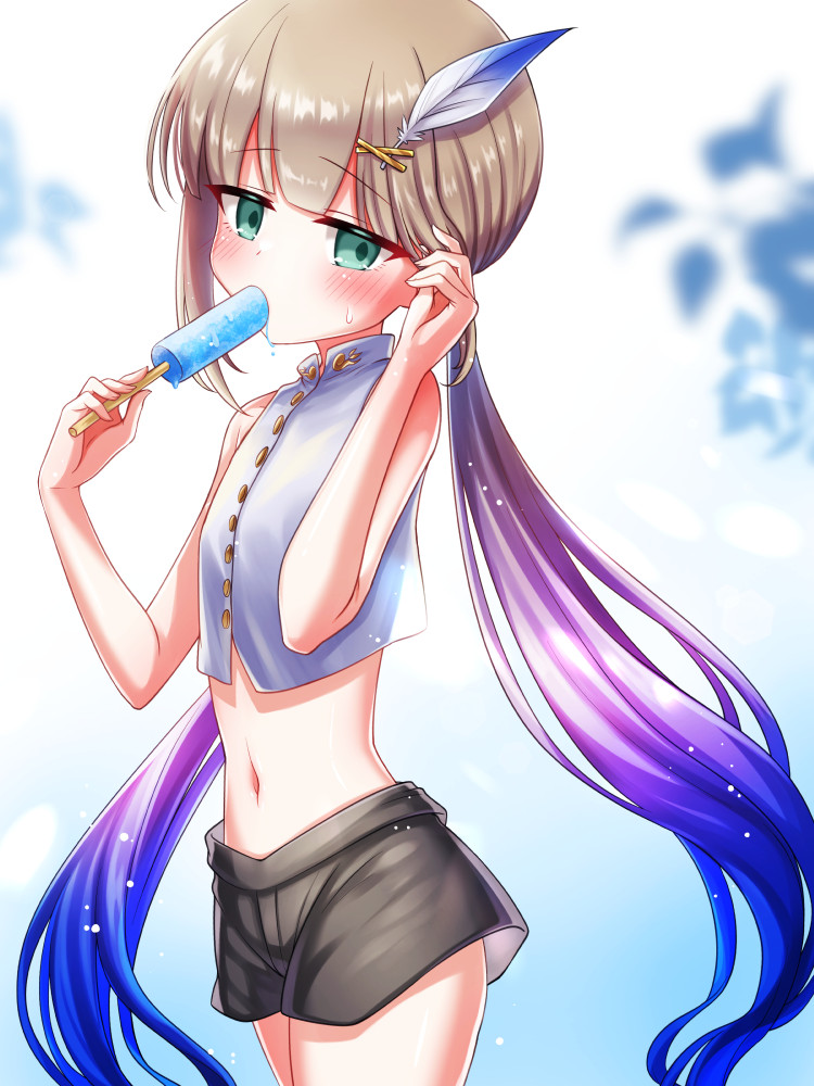 1boy black_shorts blue_hair blush captain_nemo_(fate) eating fate/grand_order fate_(series) feather_hair_ornament feathers food gradient_hair green_eyes hair_ornament light_brown_hair long_hair looking_at_viewer male_focus midriff multicolored_hair navel nemo_(fate) popsicle shell_ocean shirt short_shorts shorts sleeveless sleeveless_shirt solo thighs trap two-tone_hair white_shirt