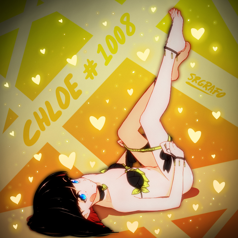 1girl bare_shoulders barefoot black_bra black_hair black_panties blue_eyes bra bracelet chloe_(srgrafo) closed_mouth jewelry looking_at_viewer lying multicolored_bra multicolored_panties navel on_back original panties panty_pull solo srgrafo underwear underwear_only undressing yellow_bra yellow_panties