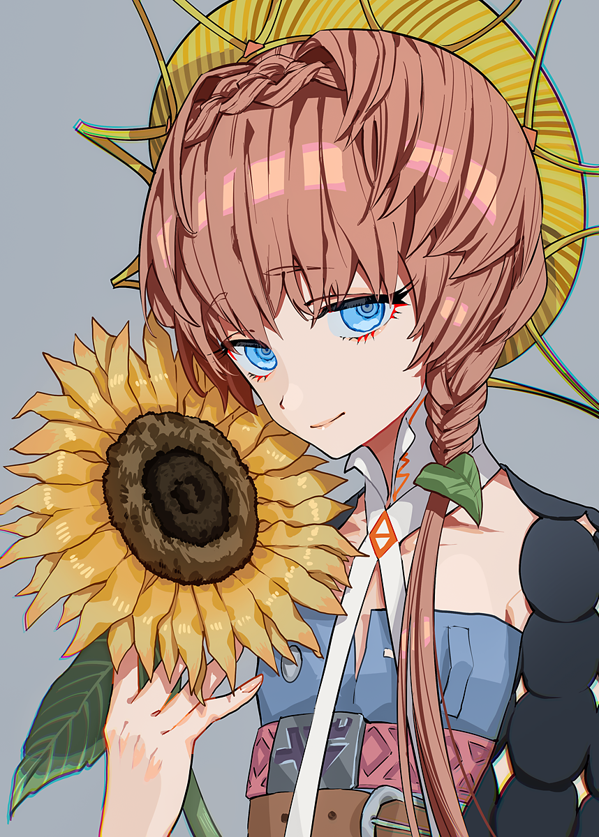 1girl blue_eyes blue_overalls braid brown_hair crown_braid dress fate/grand_order fate_(series) flower hat highres holding long_hair looking_at_viewer orange_hair overalls puffy_sleeves side_braid smile solo striped_clothes striped_headwear sunflower sunflower_petals van_gogh_(fate) van_gogh_(first_ascension)_(fate) waterstaring yellow_hat