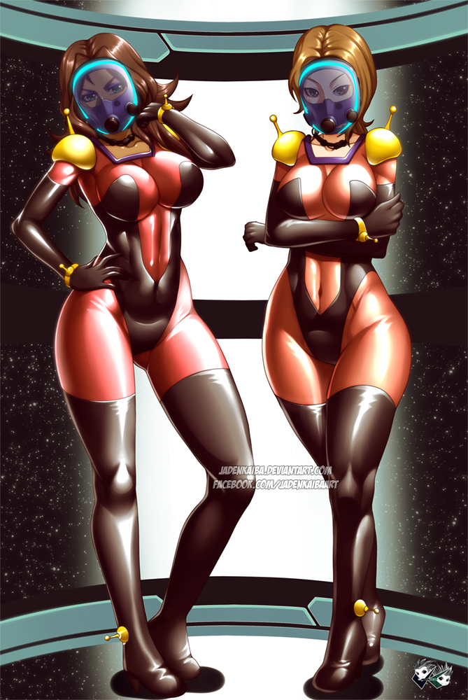 2girls amida_arca breasts brown_eyes brown_hair cleavage cosplay crossed_arms curvy eyelashes g_gundam grin gundam gundam_tekketsu_no_orphans hand_in_own_hair hand_on_own_hip helmet highleg highleg_leotard jadenkaiba jewelry kashiwagi_noriko large_breasts leotard lips looking_at_viewer multiple_girls necklace persona persona_4 rain_mikamura rain_mikamura_(cosplay) revealing_clothes shiny_clothes smile standing sweat teacher