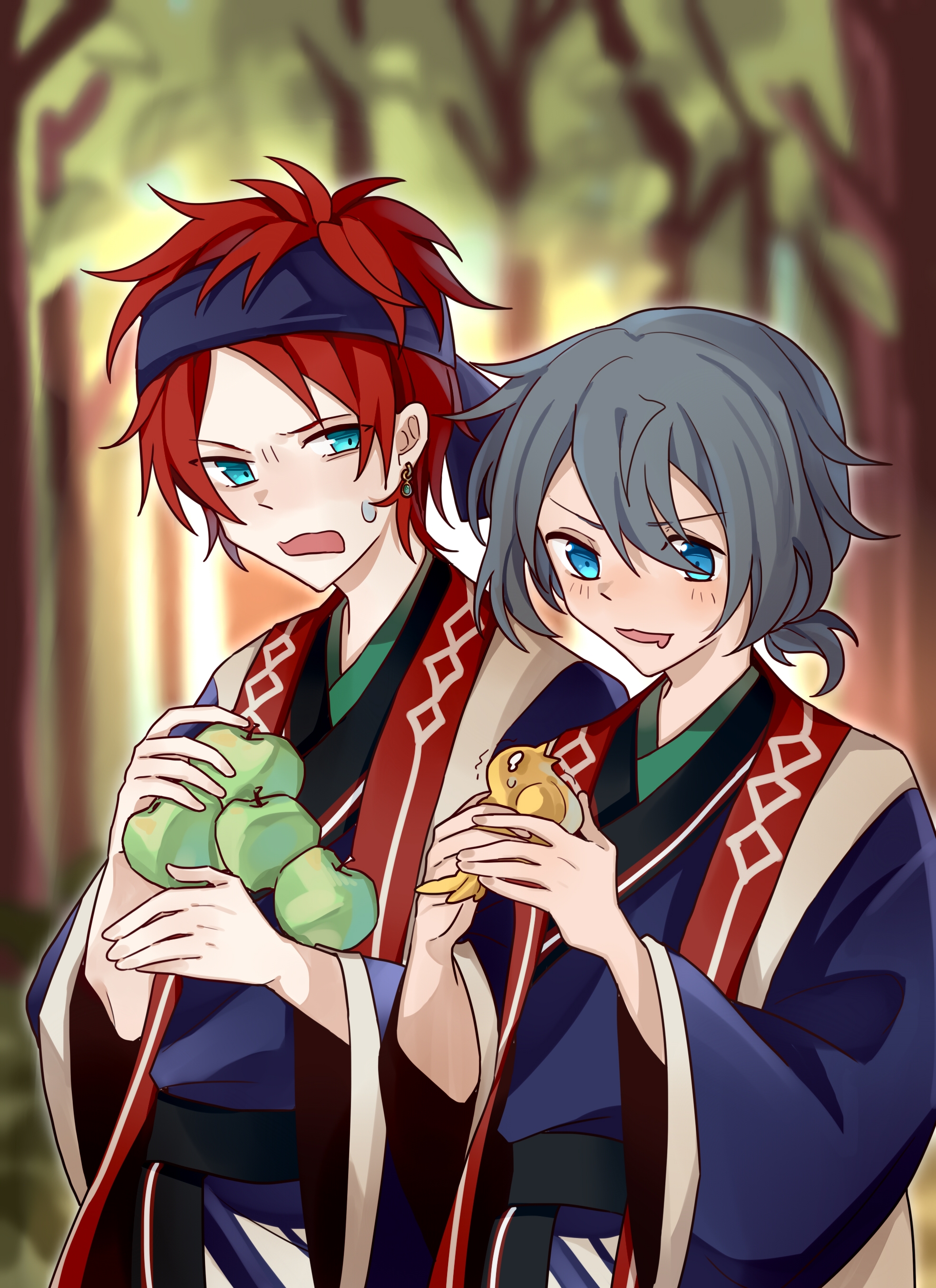 2boys absurdres amagi_rinne animal apple aqua_eyes bird blue_eyes blue_headband blue_kimono blurry blurry_background chinese_commentary commentary_request drooling earrings ensemble_stars! food forest fruit green_apple grey_hair hair_between_eyes headband highres holding holding_animal holding_bird holding_food japanese_clothes jewelry kimono long_sleeves male_focus mouth_drool multiple_boys nature open_mouth outdoors red_hair shiina_niki short_hair smile sweat tie_fei_wu_mang_dashuai v-shaped_eyebrows wide_sleeves
