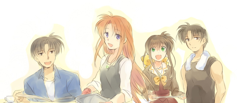 00s 2boys 2girls blue_eyes bow bowtie brown_eyes brown_hair cup family lyrical_nanoha mahou_shoujo_lyrical_nanoha multiple_boys multiple_girls newspaper open_mouth red_hair simple_background sleeves_rolled_up smile takamachi_kyouya takamachi_miyuki takamachi_momoko takamachi_shirou takana_(nanao) teacup towel tray triangle_heart triangle_heart_3