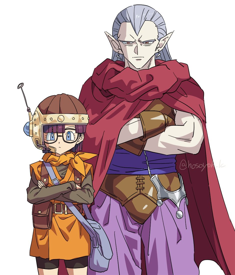1boy 1girl bag bike_shorts black_shorts blue_bag blue_eyes brown_gloves brown_shirt chrono_trigger cloak cowboy_shot crossed_arms earrings furrowed_brow glasses gloves grey_hair hair_slicked_back harness headset helmet hosodayo jewelry long_hair long_sleeves lucca_ashtear magus_(chrono_trigger) neckerchief orange_eyes orange_neckerchief orange_tunic pants pointy_ears purple_pants red_cloak shirt short_hair shorts shoulder_bag tooth_earrings toriyama_akira_(style) tunic twitter_username white_background widow&#039;s_peak