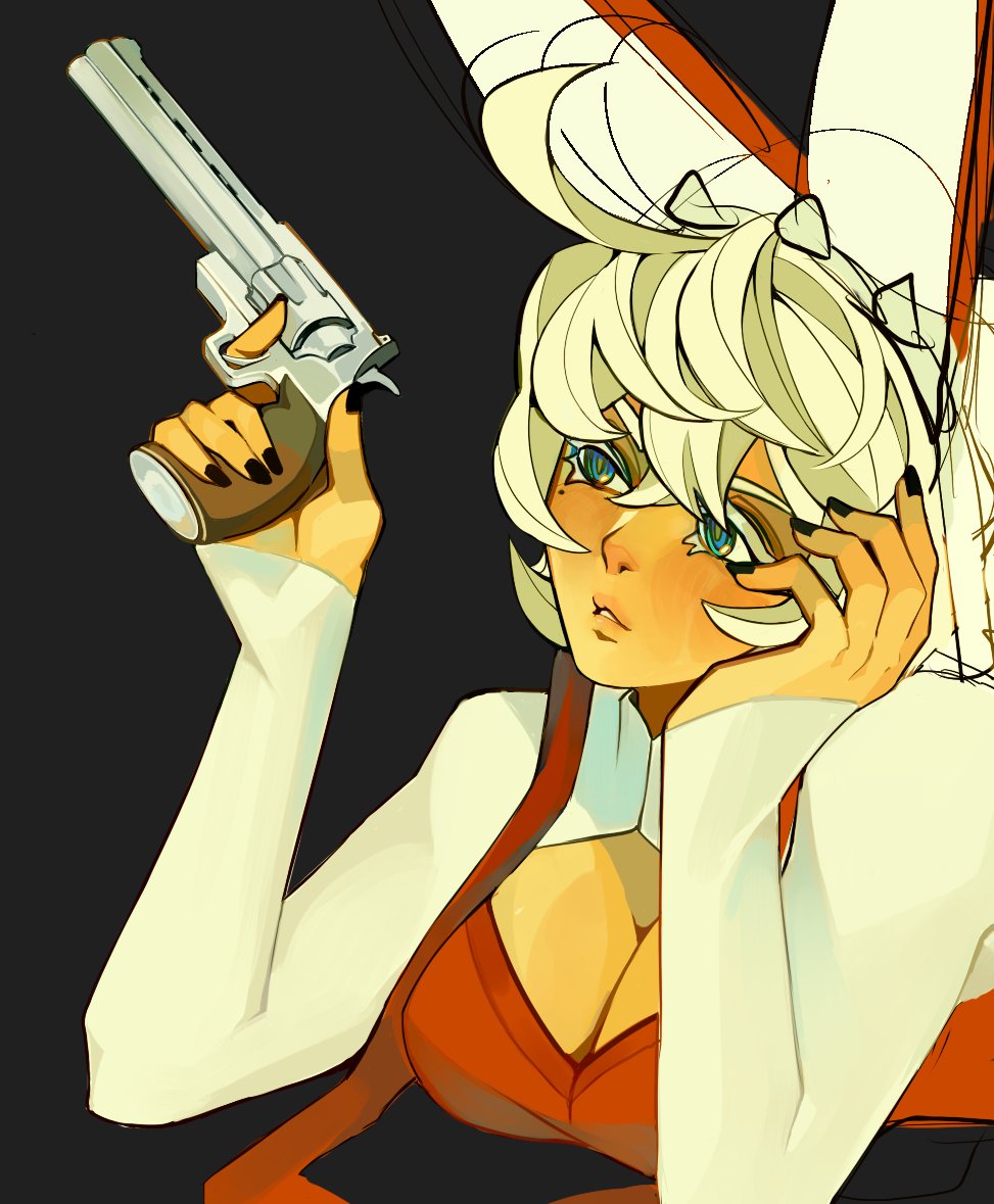 1girl ahoge alternate_costume animal_ears aqua_eyes black_nails borcheim breasts cleavage cleavage_cutout clothing_cutout elphelt_valentine guilty_gear guilty_gear_xrd gun hairband handgun holding holding_gun holding_weapon huge_ahoge large_breasts long_sleeves looking_to_the_side mole mole_under_eye revolver short_hair spiked_hairband spikes upper_body weapon white_hair