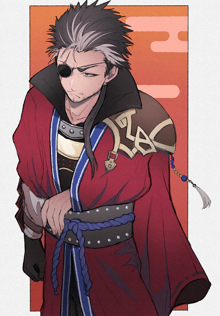 1boy armor auron beads black_gloves eyepatch facial_hair final_fantasy final_fantasy_x frown gloves grey_hair high_collar japanese_armor japanese_clothes male_focus multicolored_hair pauldrons ponytail red_robe robe scar scar_on_face shoulder_armor side_ponytail single_glove single_pauldron spiked_hair streaked_hair ttnoooo