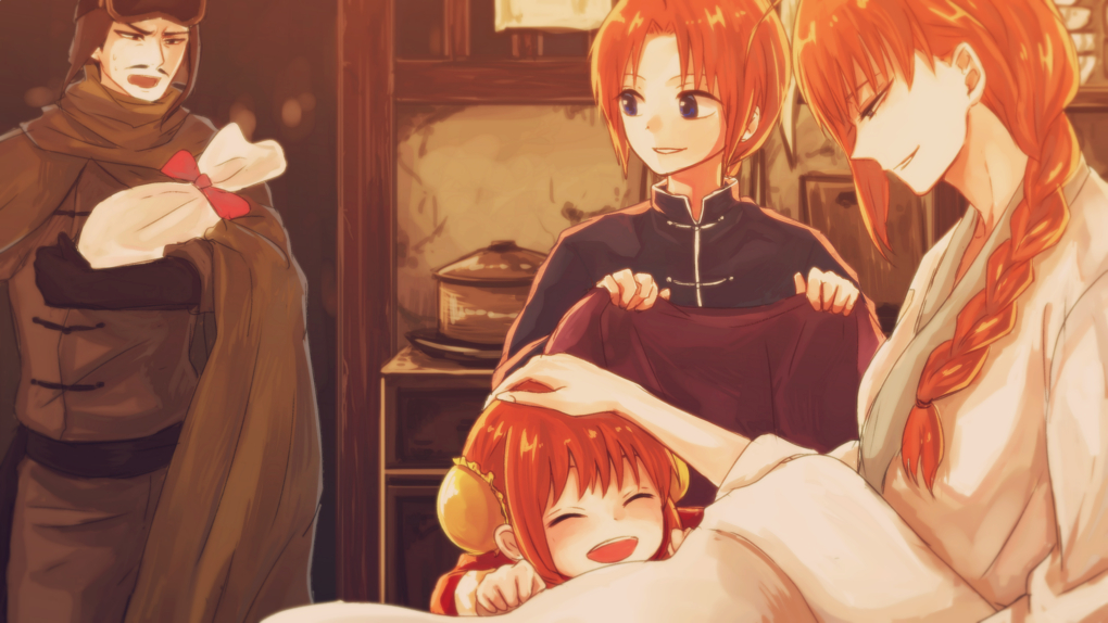 2boys 2girls :d bad_id bad_pixiv_id bag black_gloves black_shirt bow braid braided_ponytail brown_cape brown_hair cape closed_eyes double_bun gift_bag gintama gloves grin hair_bun hair_over_shoulder hand_on_another&#039;s_head helmet holding holding_bag japanese_clothes kagura_(gintama) kamui_(gintama) kimono kouka_(gintama) long_hair looking_down multiple_boys multiple_girls open_mouth parent_and_child red_bow shirt short_hair single_braid smile szzz_k umibouzu_(gintama) white_kimono