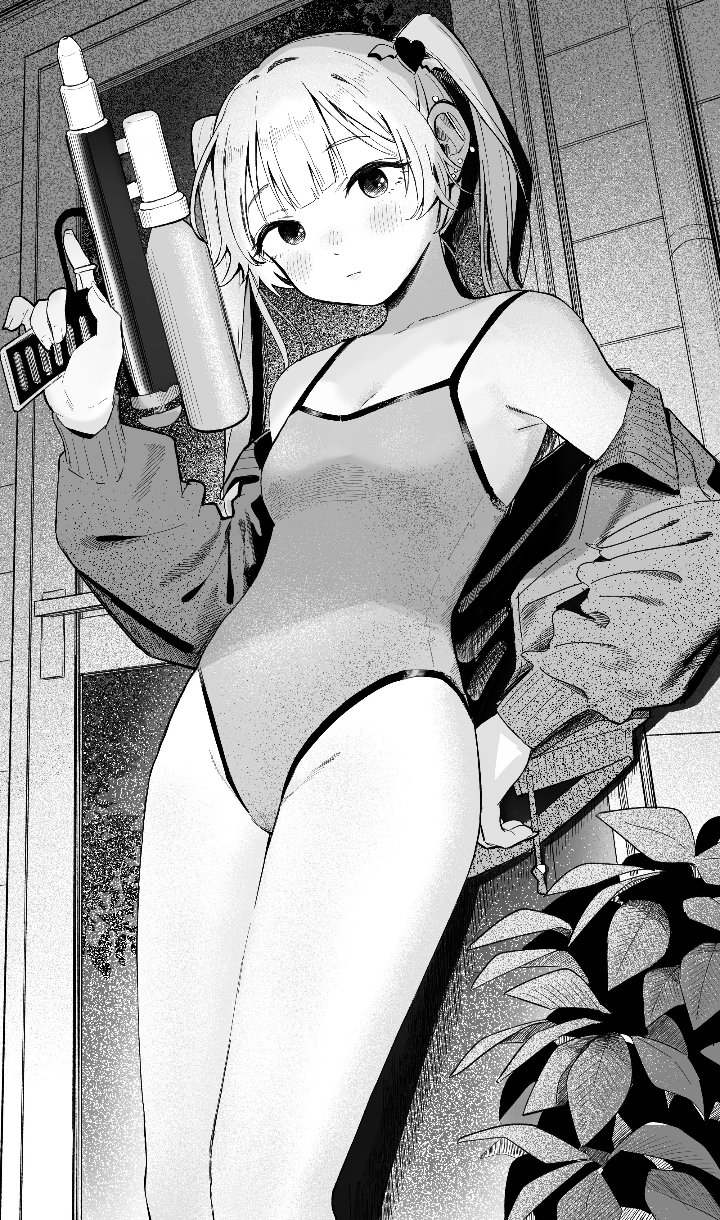 1girl absurdres barbell_piercing blush breasts cleavage closed_mouth competition_school_swimsuit cowboy_shot ear_piercing earrings expressionless greyscale hair_ornament heart heart_hair_ornament highleg highleg_one-piece_swimsuit highres holding holding_water_gun industrial_piercing jacket jewelry long_hair long_sleeves looking_at_viewer medium_breasts miyama_(kannsannn) monochrome off_shoulder one-piece_swimsuit open_clothes open_jacket original piercing plant school_swimsuit solo standing swimsuit trigger_discipline twintails water_gun winged_heart