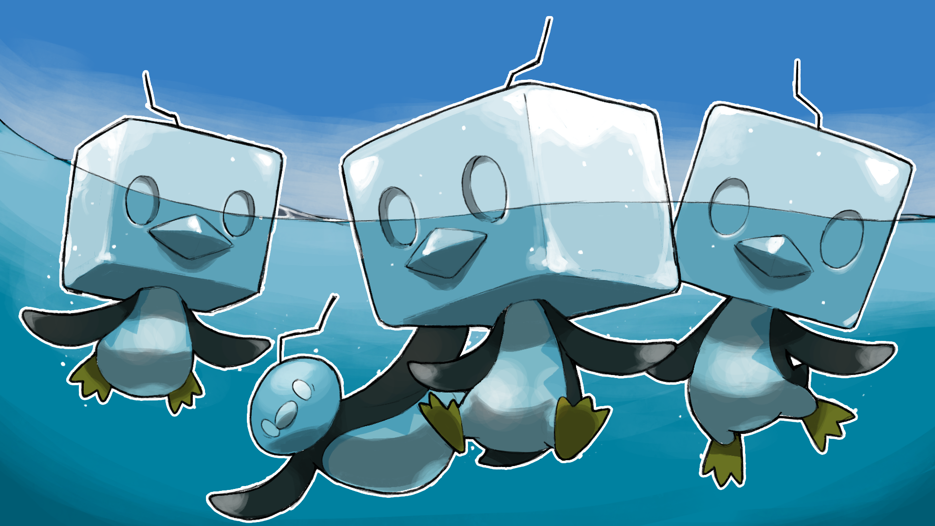 animal_focus bird blacknirrow blue_sky eiscue eiscue_(ice) eiscue_(noice) gen_8_pokemon highres ice ice_block nintendo no_humans outline penguin pokemon pokemon_(creature) pokemon_focus sky swimming water white_eyes white_outline