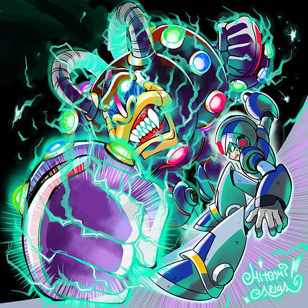 2boys ariga_hitoshi armor artist_name battle blue_armor blue_helmet clenched_hands clenched_teeth electricity forehead_jewel helmet male_focus mandrill_(animal) mega_man_(series) mega_man_x1 mega_man_x_(series) multiple_boys non-humanoid_robot punching robot robot_animal sharp_teeth spark_mandrill_(mega_man) teeth x_(mega_man)