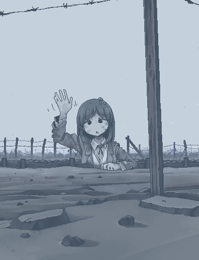 1girl arm_up barbed_wire blazer blue_theme breasts collared_shirt dirty dirty_face dithering fence hamsterfragment jacket jaggy_lines lapels long_sleeves looking_at_viewer medium_hair monochrome motion_lines neck_ribbon notched_lapels open_mouth original outdoors pebble ribbon school_uniform shirt solo suicidal_girl_(hamsterfragment) torn_sleeve trench waving