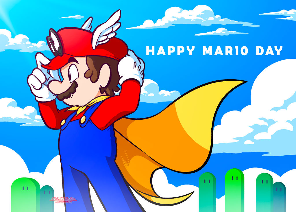 1boy blue_sky brandon_santiago brown_hair cape cape_mario cappy_(mario) facial_hair gloves hat mario mario_(series) mountain mustache nintendo overalls power-up sky standing super_mario_64 super_mario_odyssey super_mario_world wing_cap wing_mario wings