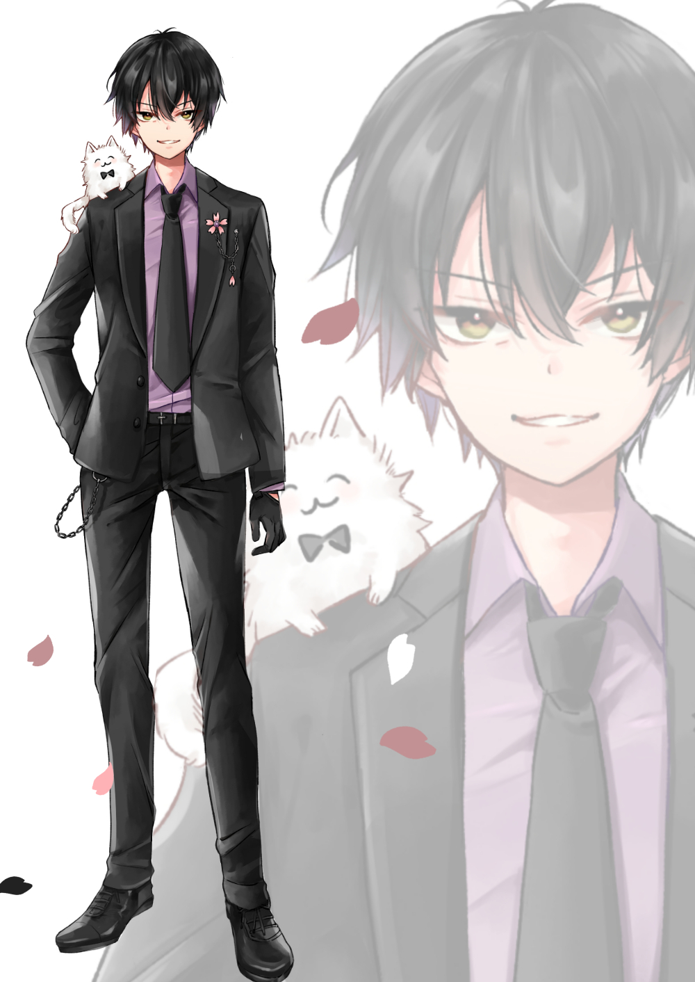 1boy animal animal_on_shoulder black_gloves black_hair black_jacket black_necktie black_pants black_shoes brown_eyes collared_shirt copyright_request dress_shirt gloves hair_between_eyes highres jacket male_focus mito_(go!go!king!) necktie open_clothes open_jacket pants petals purple_shirt shirt shoes simple_background smile solo virtual_youtuber white_background zoom_layer