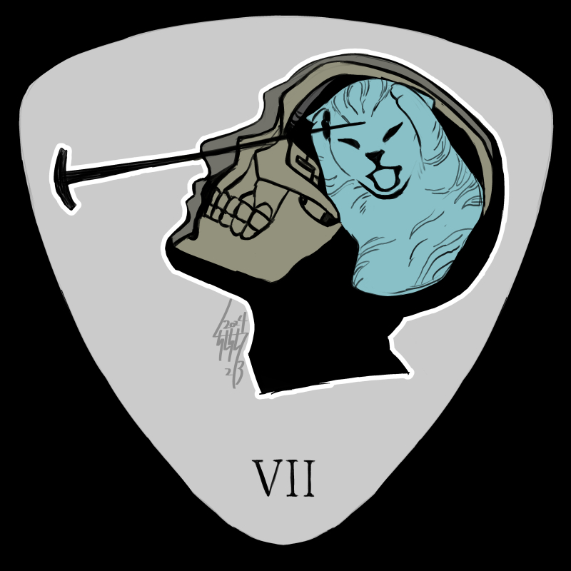 1other armored_core armored_core_vi:_fires_of_rubicon black_border border cat cat_covering_ears_(meme) commentary cropped_head dated grey_background head_back limited_palette lobotomy meme nail_(hardware) orbitoclast parody patch profile signature simple_background skull stab symbol-only_commentary tsunetaka_rakurai v.vii_swinburne x-ray