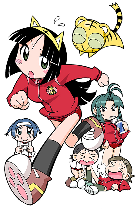 &gt;_&lt; 5girls animal_ear_hairband animal_ears animal_hair_ornament antenna_hair aqua_eyes black_hair black_outline black_socks black_tail blue_eyes blunt_bangs blunt_ends blunt_sidelocks blush blush_stickers bottle breasts brown_footwear brown_hair buruma clenched_hands closed_eyes closed_mouth collar collared_jacket colored_sclera cub dhole_(toranoana) drinking drinking_straw eyelashes fake_animal_ears full_body green_eyes green_footwear green_hair green_sclera green_socks gym_uniform hair_intakes hairband headband hime_cut holding holding_bottle jacket kneehighs knees_together_feet_apart kodomo_(toranoana) kuromimi_kotora legs_apart legs_together light_brown_hair logo_print long_sleeves medium_breasts miko_(toranoana) mukku_(mook-tv) multiple_girls name_tag official_art open_mouth outline paw_print print_jacket red_buruma red_collar red_jacket red_sleeve_cuffs running ruru_(toranoana) second-party_source short_hair short_sleeves sidelocks simple_background sleeve_cuffs smile socks sportswear standing straight_hair striped_fur striped_tail sweatdrop tail tiger tiger_ears tora_da_yo. toranoana towel towel_around_neck two_side_up white_background white_headband white_sleeves yamane_(toranoana) yellow_fur yellow_hairband yellow_tail zipper