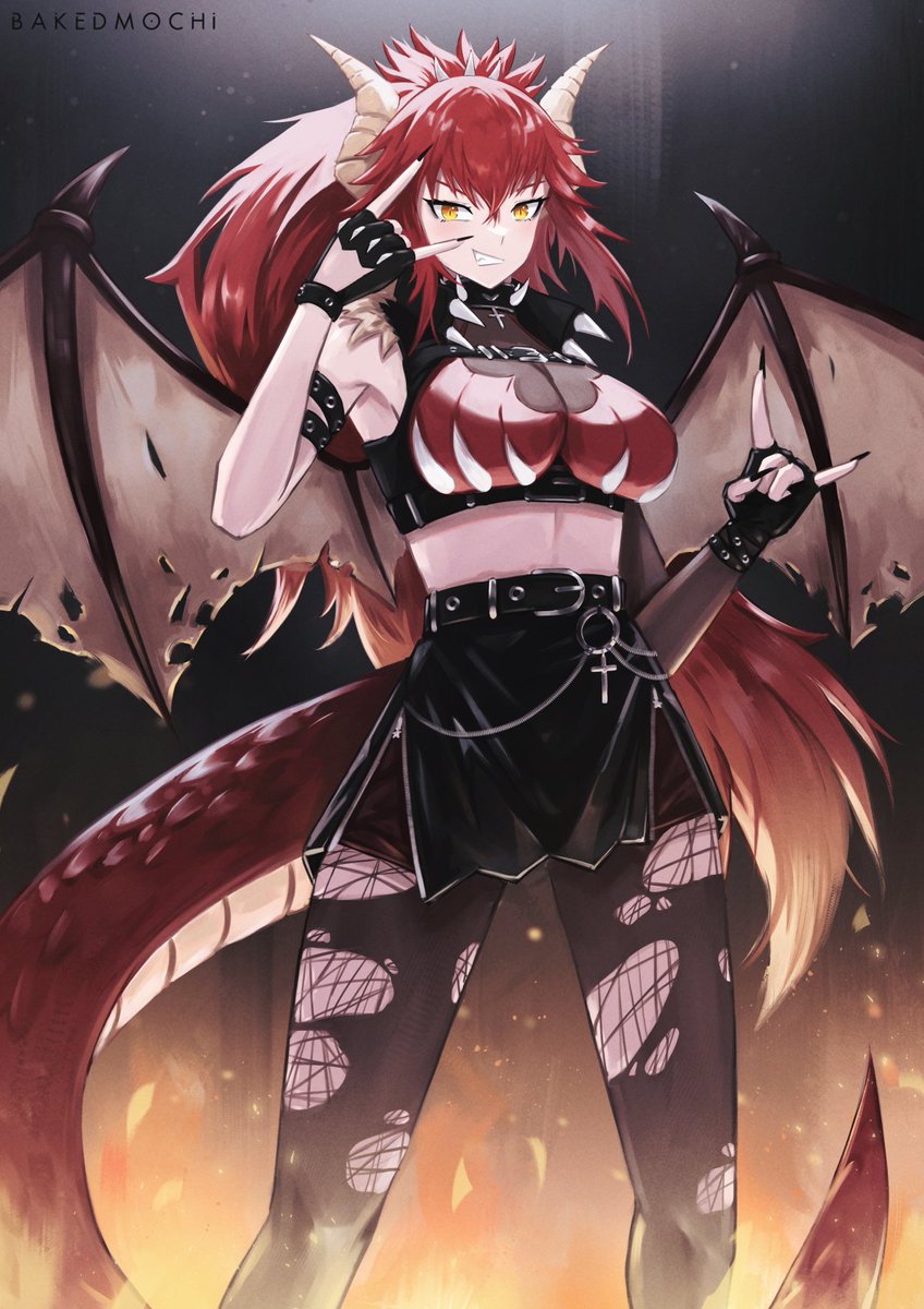 1girl bakedmochi belt black_belt black_gloves black_jacket black_pantyhose black_skirt breasts chain cropped_jacket cross cross_necklace dragon_girl dragon_horns dragon_tail fingerless_gloves gloves highres horns jacket jewelry large_breasts long_hair looking_at_viewer necklace pantyhose ponytail red_hair red_tube_top sidelocks skirt sleeveless sleeveless_jacket smile solo strapless tail torn_clothes torn_pantyhose tube_top virtual_youtuber vshojo wings yellow_eyes zentreya zentreya_(dragon) zentreya_(dragon)_(1st_costume)