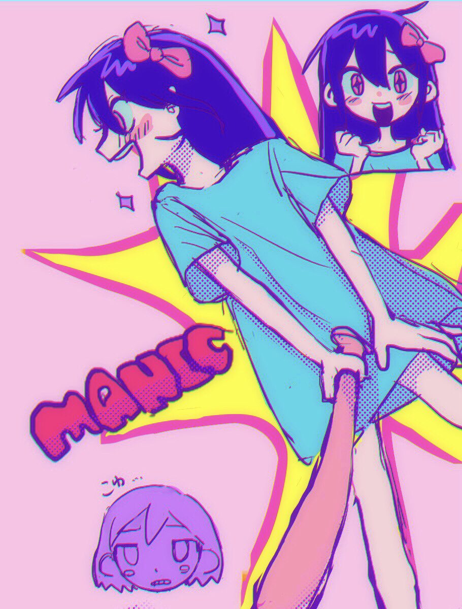 +_+ 1boy 1girl aubrey_(headspace)_(omori) aubrey_(omori) baseball_bat blue_shirt blush bow hair_bow highres holding holding_baseball_bat kel_(headspace)_(omori) kel_(omori) long_hair long_shirt omori open_mouth pink_bow pink_eyes purple_hair shirt short_hair short_sleeves smile tate_ware_anal teeth translation_request upper_teeth_only