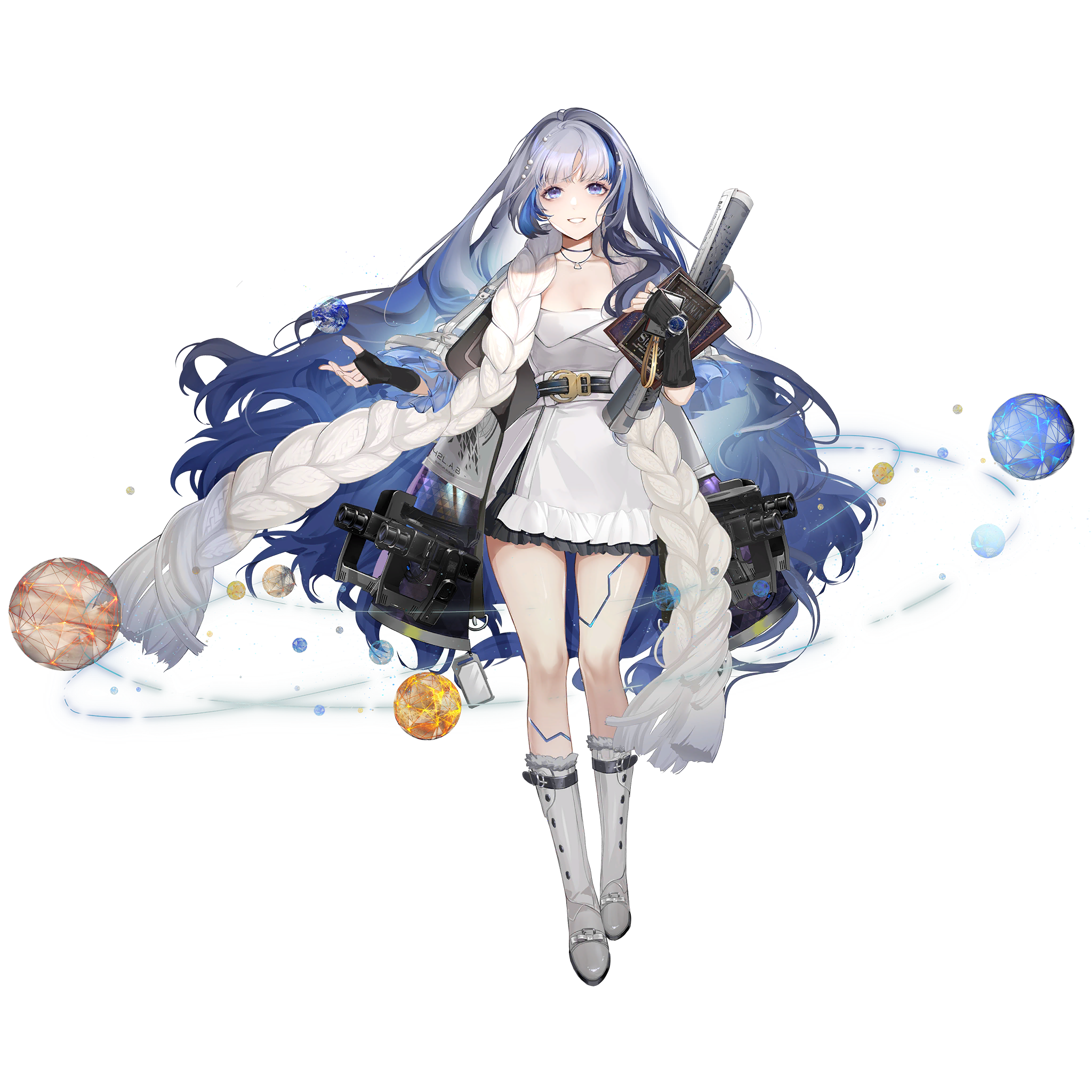 1girl black_gloves blue_eyes blue_hair book boots breasts dress fingerless_gloves full_body game_cg girls'_frontline girls'_frontline_neural_cloud gloves highres holding holding_book hubble_(neural_cloud) large_breasts long_hair looking_at_viewer multicolored_hair official_art orbital_path planet porafree projector scarf smile solo streaked_hair third-party_source transparent_background very_long_hair watch white_boots white_dress white_scarf wristwatch