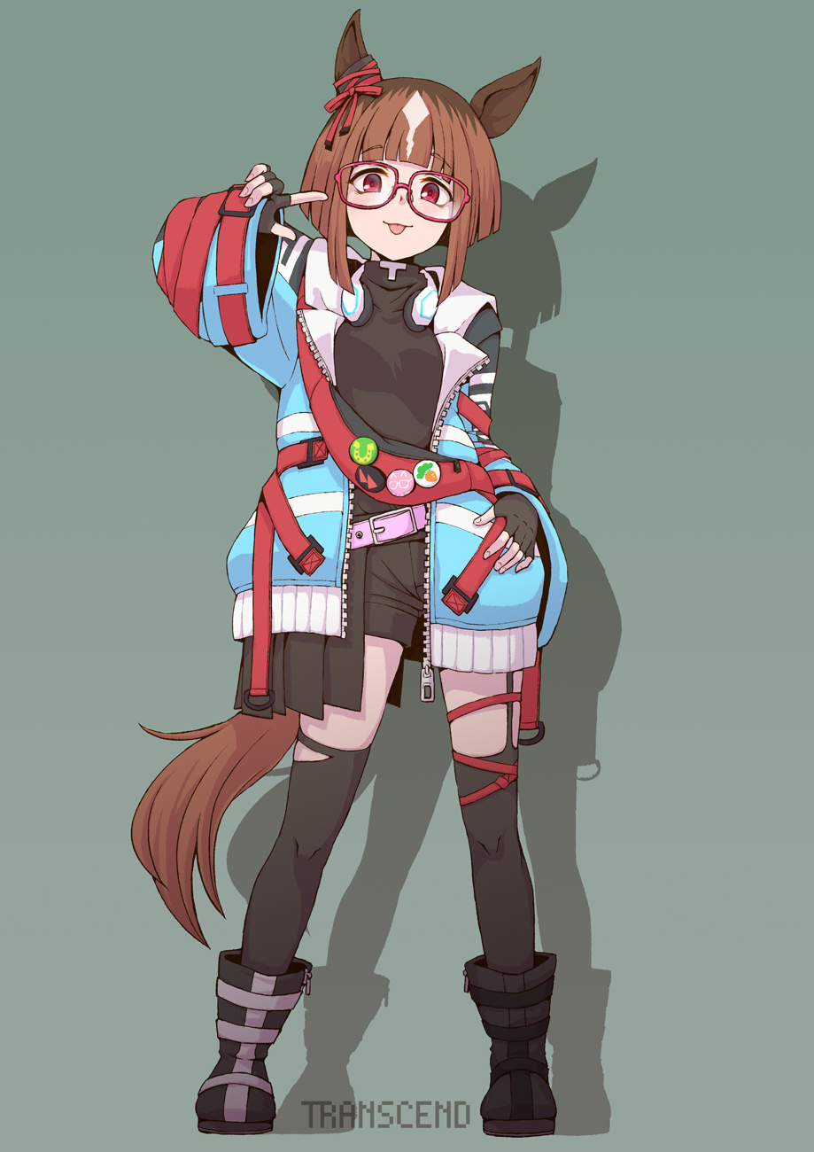1girl animal_ears badge belt black_boots black_gloves black_shirt black_shorts black_thighhighs blue_coat boots breasts brown_hair button_badge character_name closed_mouth coat contrapposto ear_ornament fanny_pack fingerless_gloves full_body glasses gloves green_background hand_on_own_hip hand_up headphones headphones_around_neck highres horse_ears horse_girl horse_tail long_sleeves looking_at_viewer open_clothes open_coat pointing pointing_at_self red_eyes satomura_kyou shadow shirt short_hair shorts simple_background small_breasts smile solo standing straight-on tail thighhighs tongue tongue_out transcend_(umamusume) umamusume