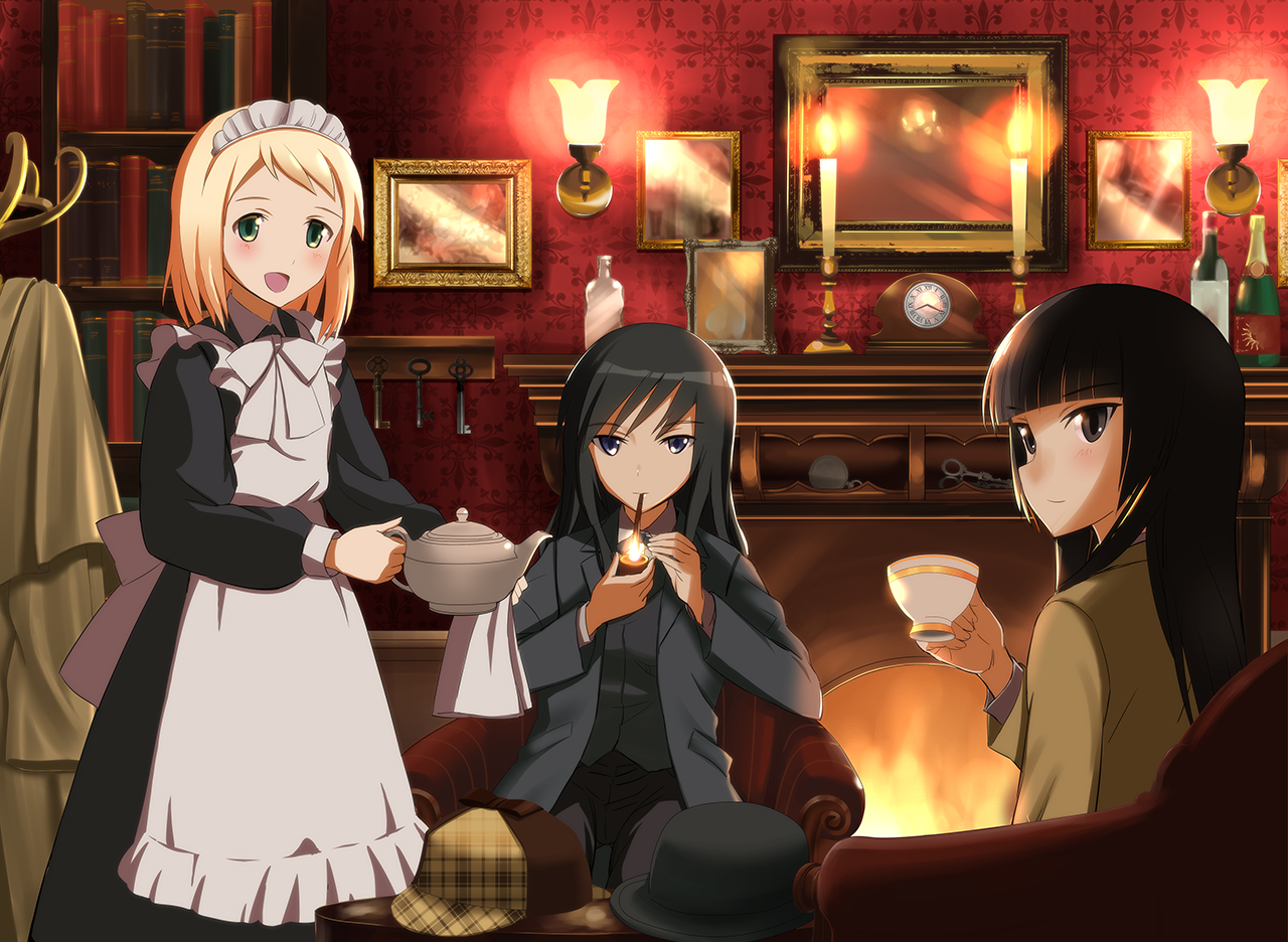 3girls :d alternate_costume anabuki_tomoko apron black_dress black_eyes black_hair blonde_hair blue_eyes blunt_bangs blush book bookshelf bottle bow candle chair clock coat_rack cosplay cup dress elizabeth_f._beurling elma_leivonen enmaided fire fireplace frills green_eyes hat holding indoors jacket john_hamish_watson john_hamish_watson_(cosplay) john_watson kaneko_(novram58) key light long_hair long_sleeves maid maid_apron maid_headdress marie_hudson martha_louise_hudson martha_louise_hudson_(cosplay) multiple_girls open_mouth pants photo_(object) pipe_in_mouth sherlock_holmes sherlock_holmes_(cosplay) short_hair sitting smile smoking_pipe strike_witches strike_witches:_suomus_misfits_squadron teacup teapot the_adventures_of_sherlock_holmes white_bow wine_bottle world_witches_series