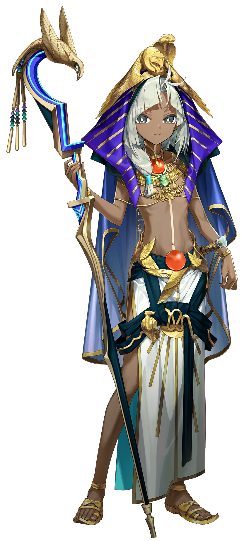 1boy ancient_egyptian ancient_egyptian_clothes antenna_hair body_markings bracelet brooch dark-skinned_male dark_skin fate/grand_order fate_(series) gold_necklace grey_eyes grey_hair highres holding holding_staff jewelry long_hair looking_at_viewer male_focus navel necklace nemes official_art outline pharaoh sandals sash scarab shendyt smile solo staff standing tachi-e topless_male transparent_background tutankhamun_(fate) tutankhamun_(second_ascension)_(fate) uraeus usekh_collar white_outline yoco_n