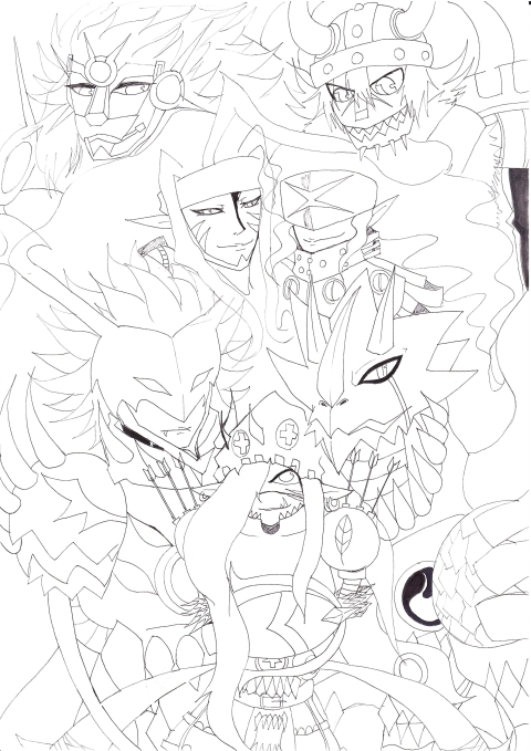 apollomon armor big_death-stars claws death_generals digimon digimon_(creature) dorbickmon dragon gravimon helmet horns looking_at_viewer neovamdemon olegmon open_mouth sharp_teeth smile splashmon teeth zamielmon