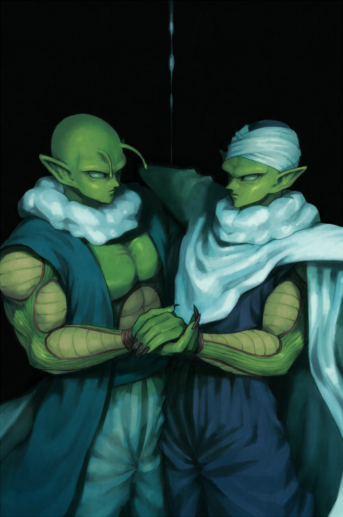 2boys antennae bald black_background blue_jacket cape colored_skin commentary_request cowboy_shot dougi dragon_ball dragonball_z fingernails green_skin holding_hands jacket kinjuu_(hariharitt) looking_at_another male_focus multiple_boys muscular muscular_male nail_(dragon_ball) namekian pants piccolo pointy_ears purple_dougi scarf sharp_fingernails sleeveless sleeveless_jacket turban white_cape white_pants white_scarf